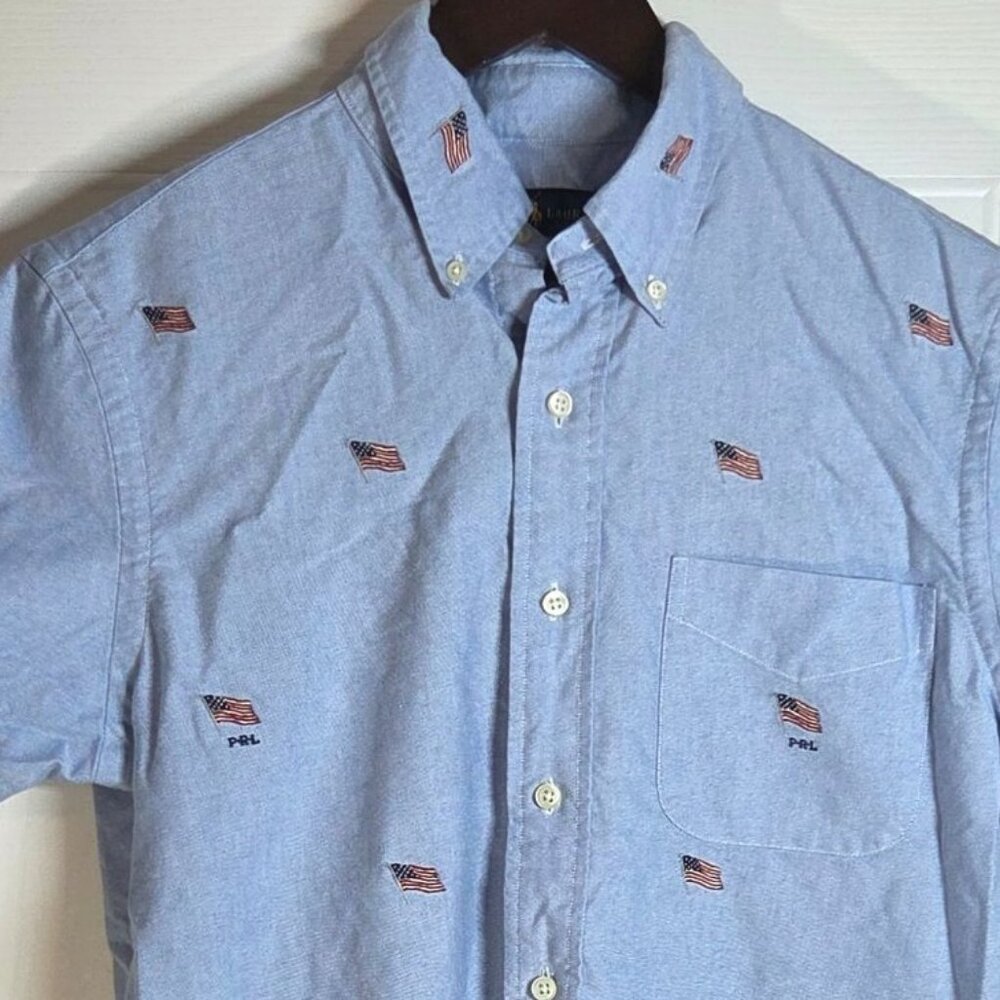 Ralph Lauren Mens Lt Blue St-Sleeve Button-Up Shirt American Flag Embroidery Sm - Picture 3 of 7